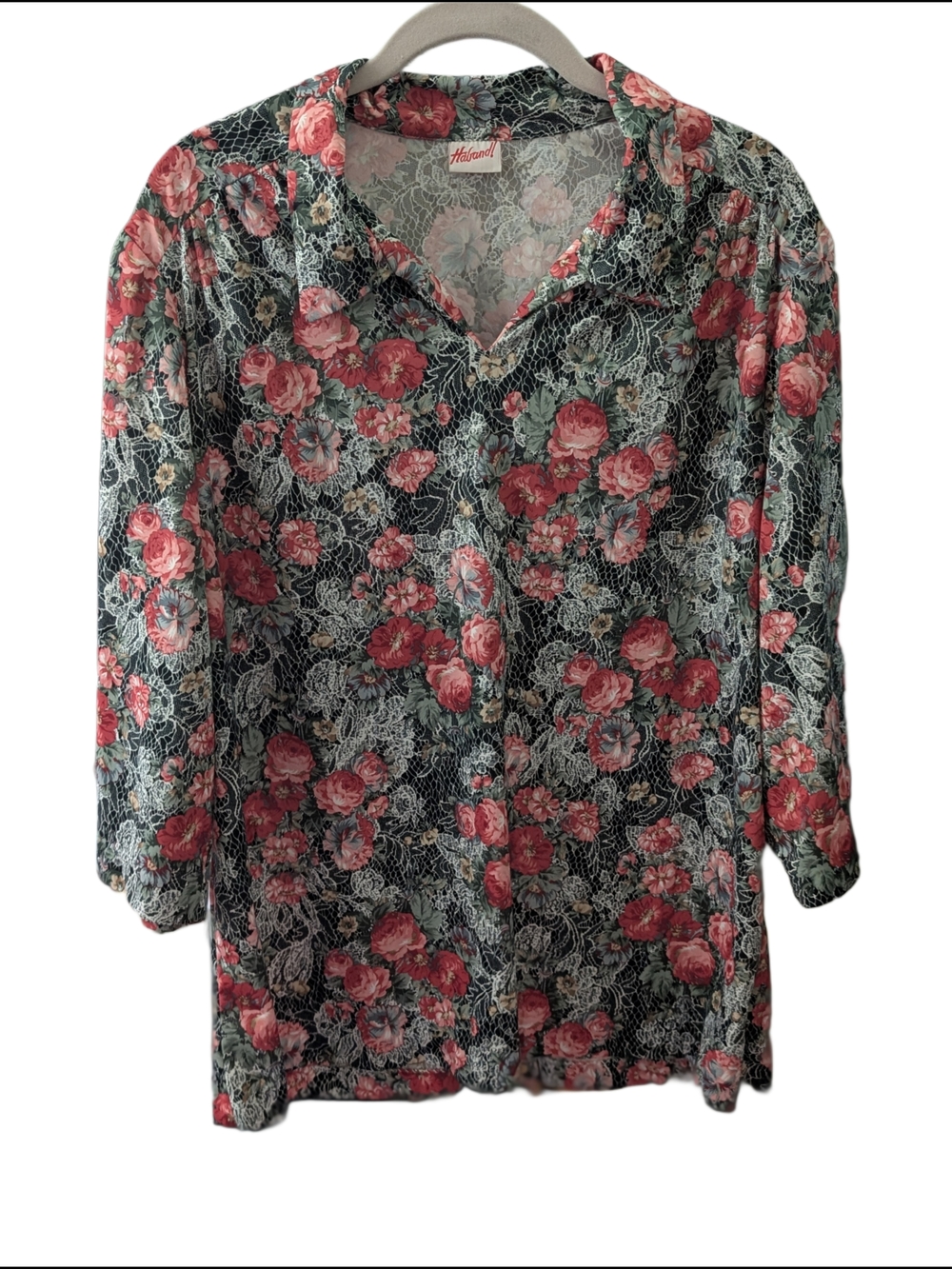 Vintage 70s Floral Lace Illusion Top 3/4 Sleeve Red Pink Blue & Black Haband!